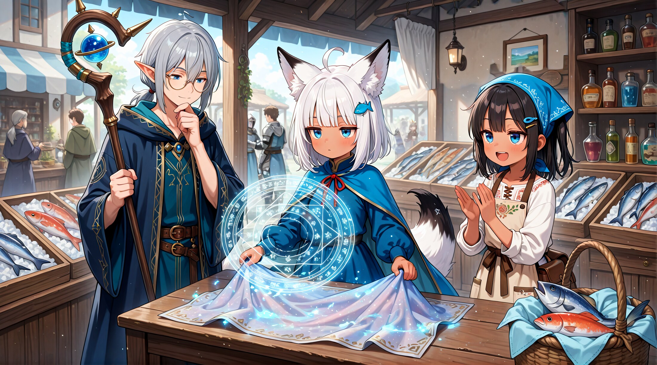 灰髪エルフと褐色ジト目の少女と褐色ジト目狐娘 | の人気AIイラスト・グラビア