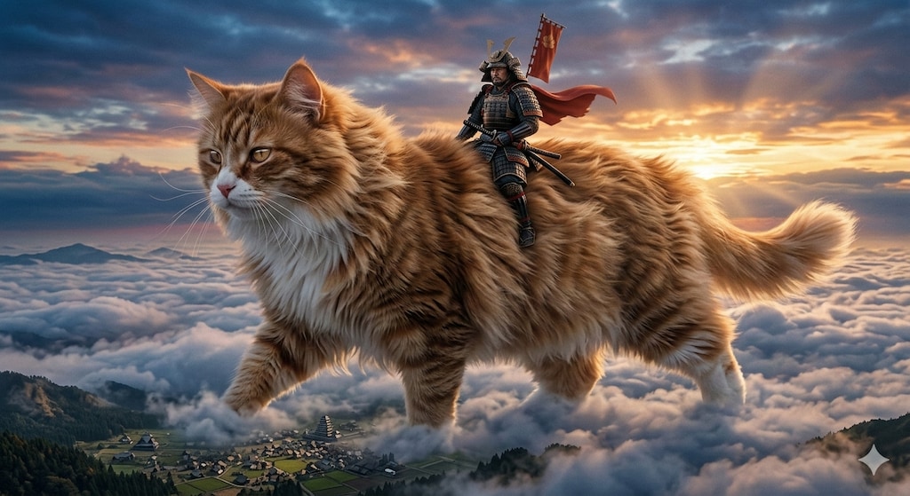 巨大な猫と侍