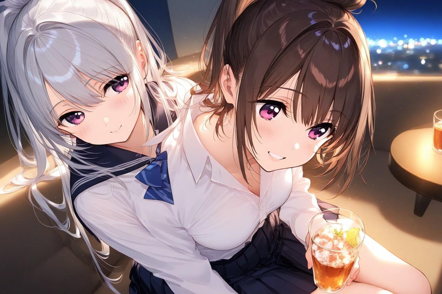 夜景に咲く二輪の笑顔 | の人気AIイラスト・グラビア