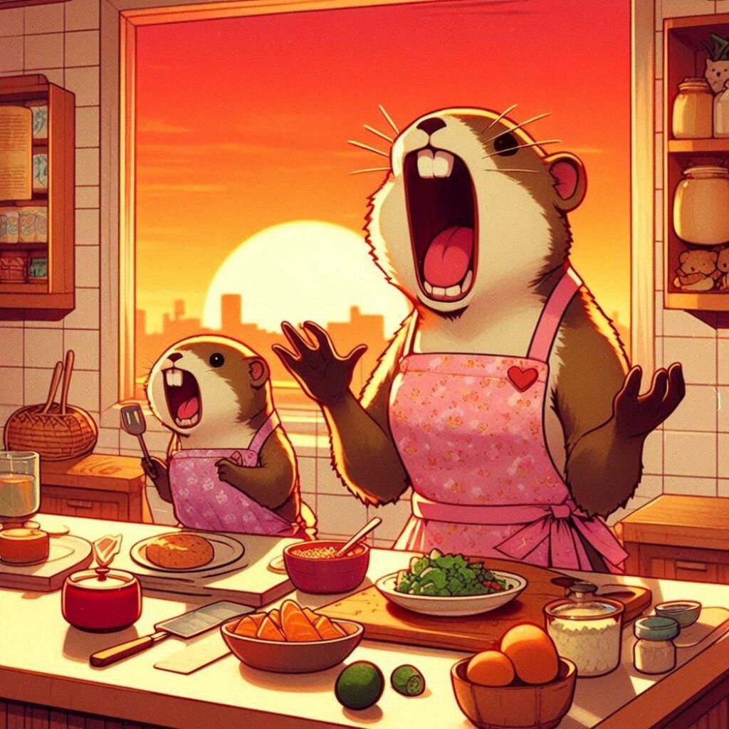 油絵アニメ風、夕飯料理するエプロン割烹着マーモット主婦