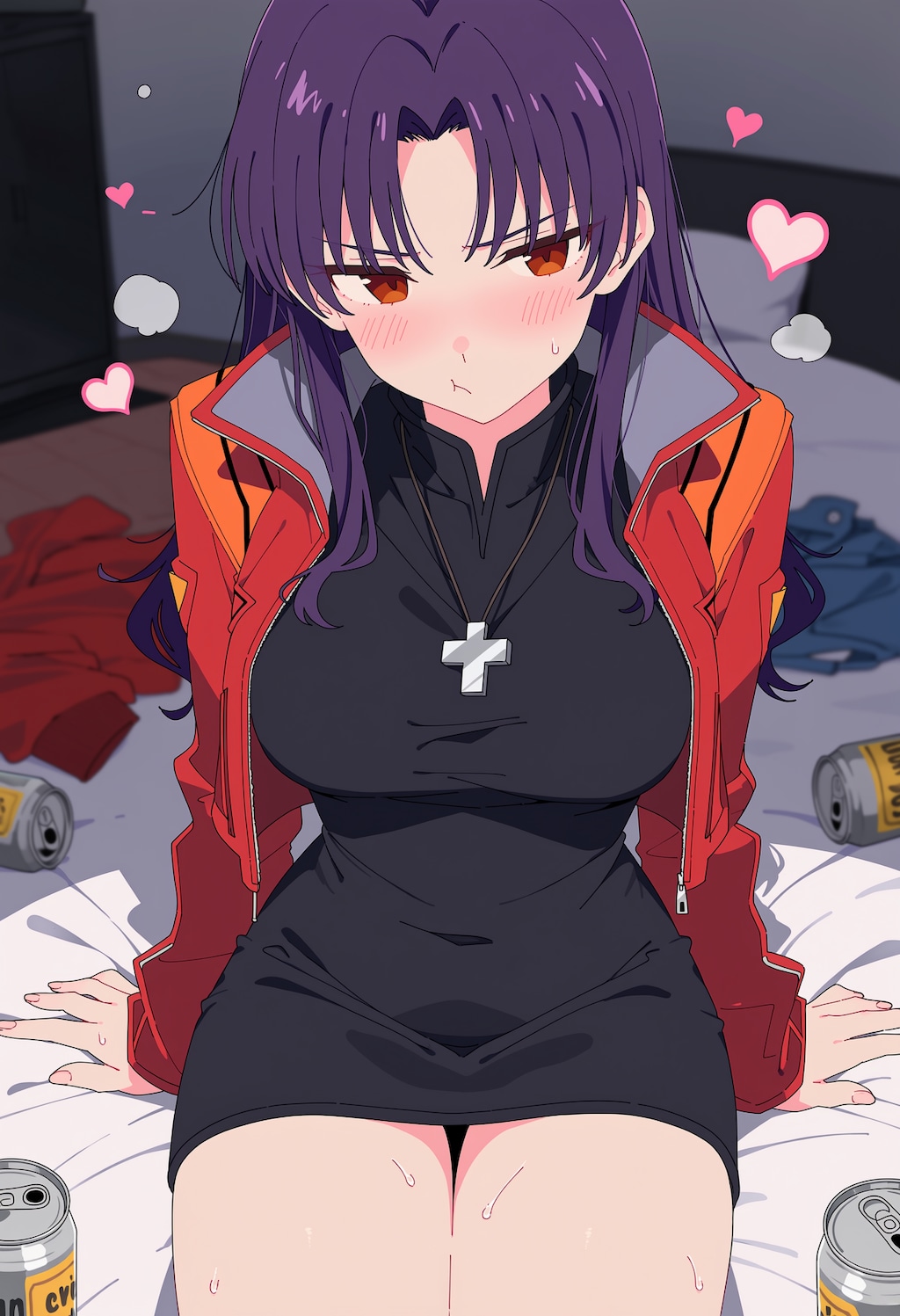 散らかっているベッドを見られて恥ずかしいミサトさん