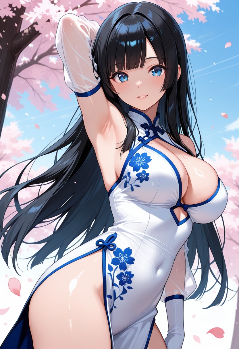 桜と白いベトナムドレス