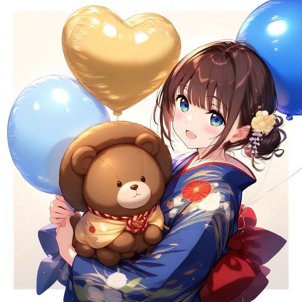 いっぱい風船を持つブラウンお団子ヘアの着物美女。