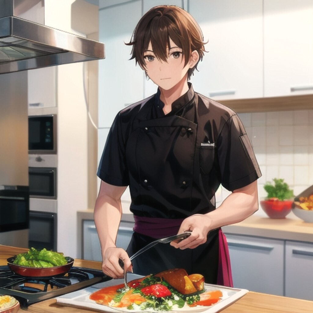 2025年(2)1人の男性シェフ、茶色の髪、茶色の目、キッチン