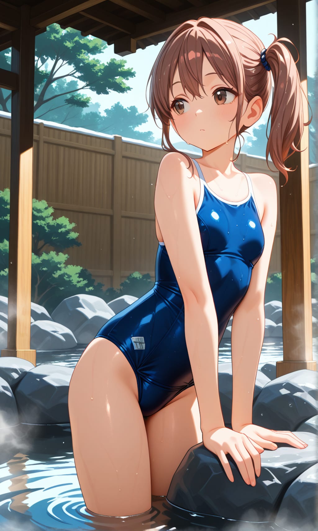 露天風呂に入るスク水サイドポニー女子