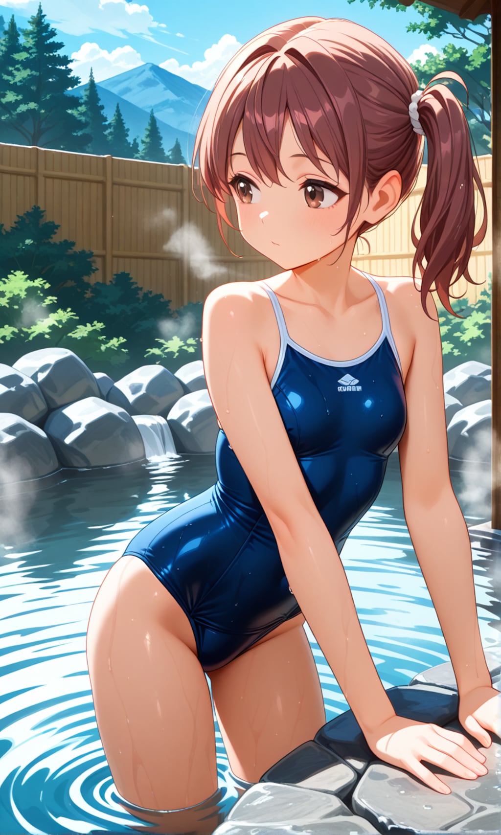 露天風呂に入るスク水サイドポニー女子