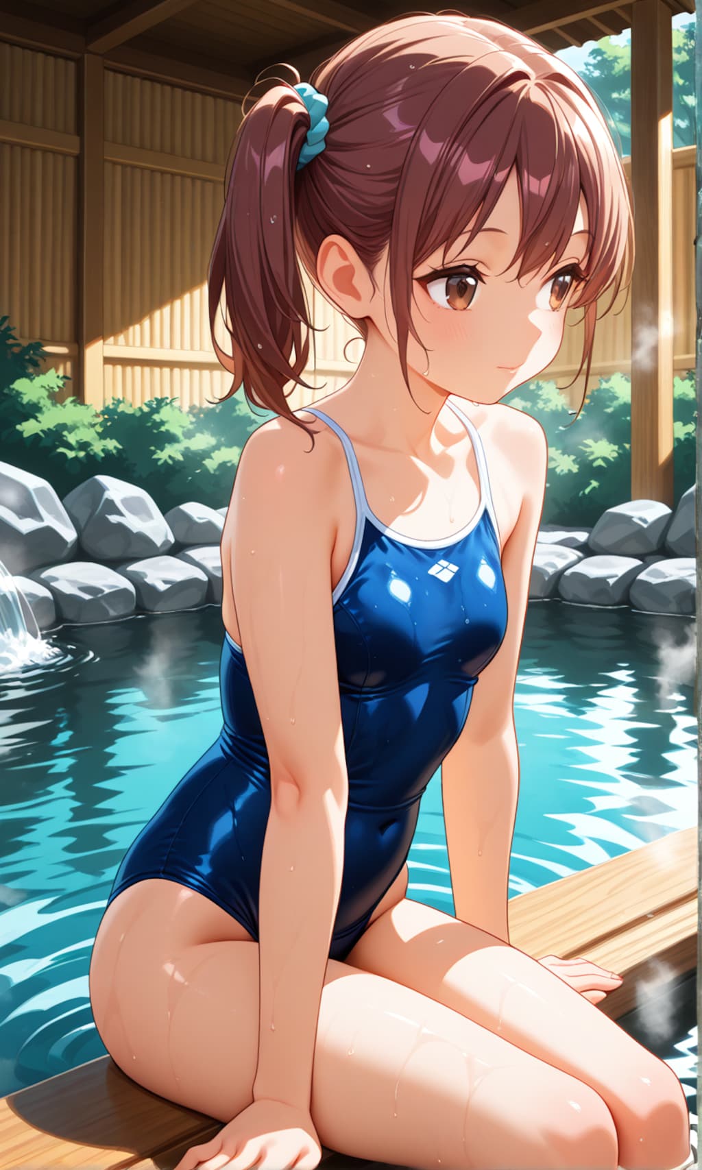 露天風呂に入るスク水サイドポニー女子