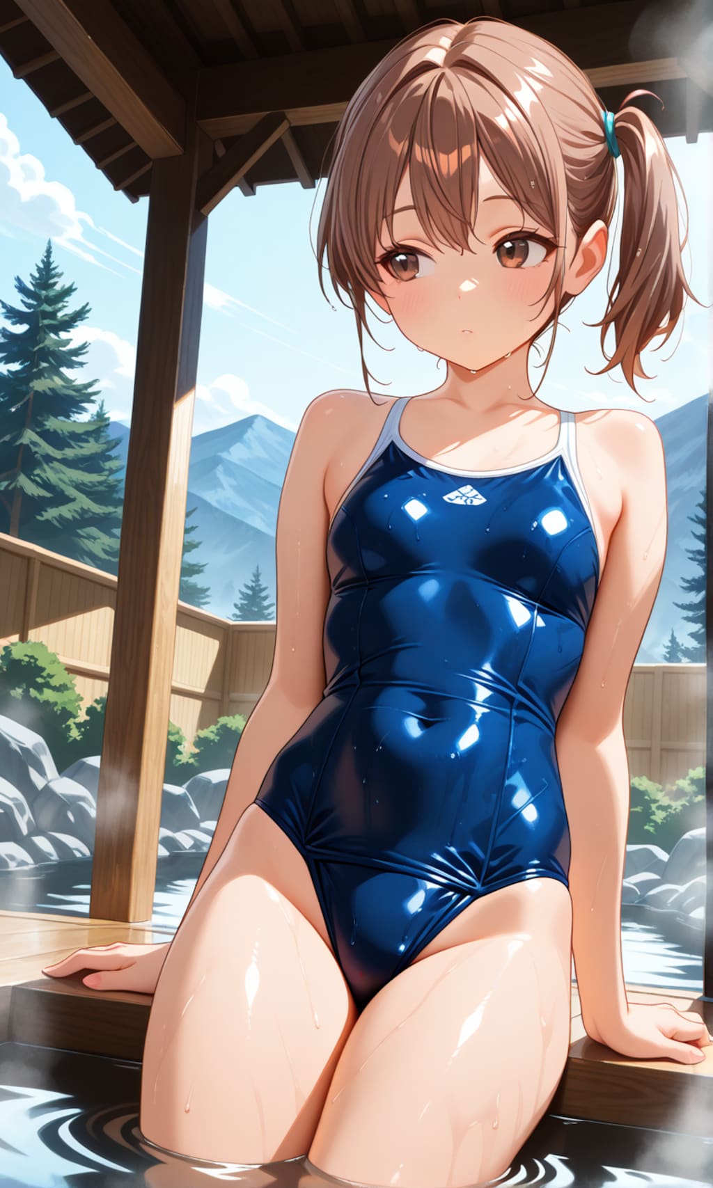 露天風呂に入るスク水サイドポニー女子