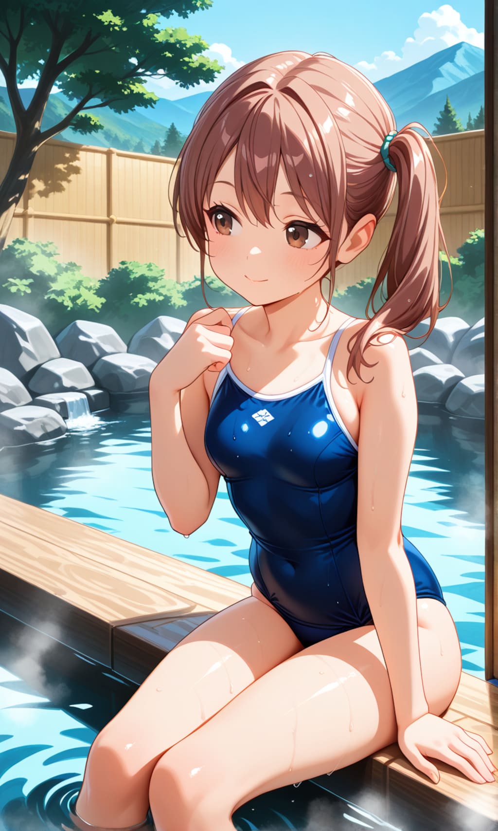 露天風呂に入るスク水サイドポニー女子