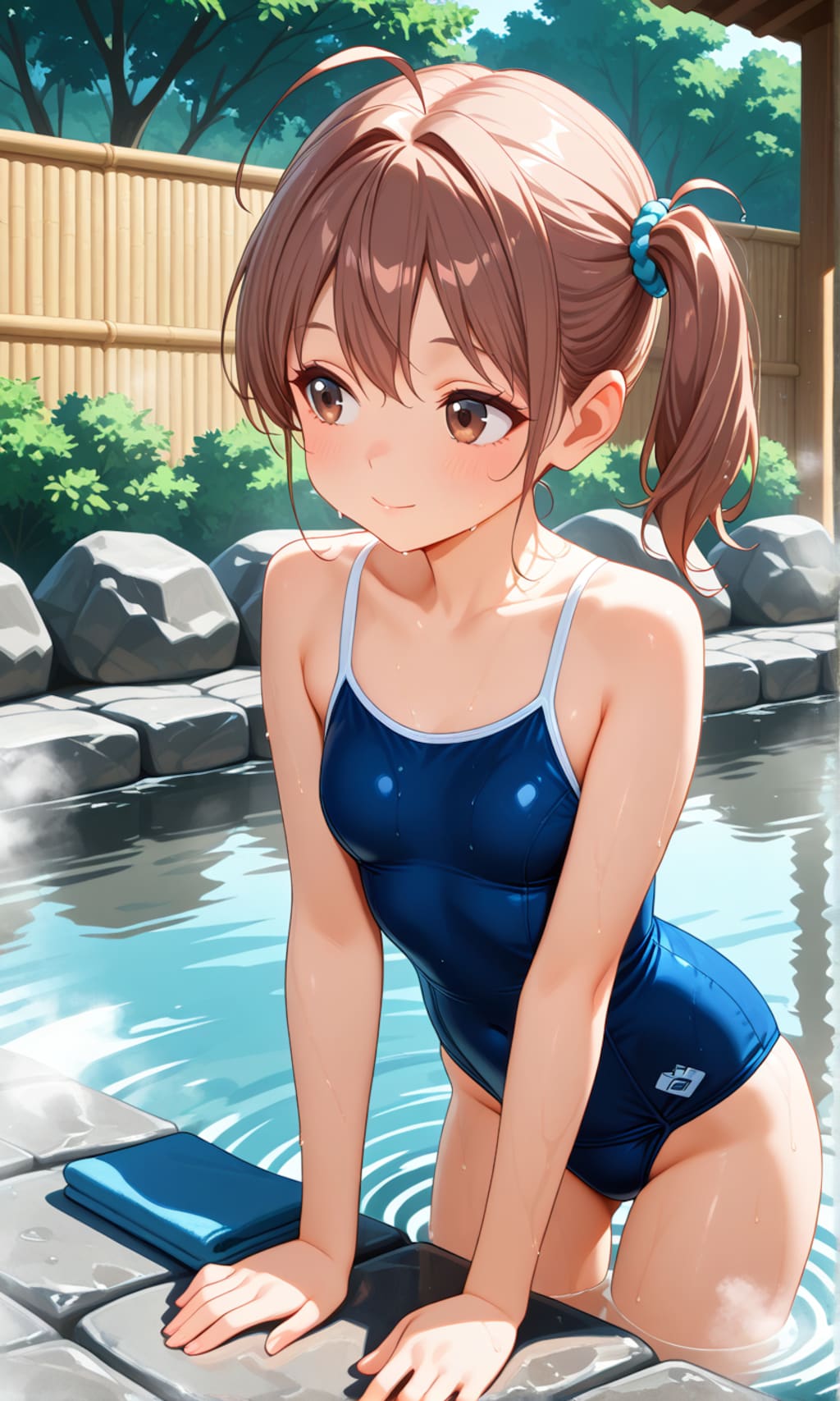 露天風呂に入るスク水サイドポニー女子