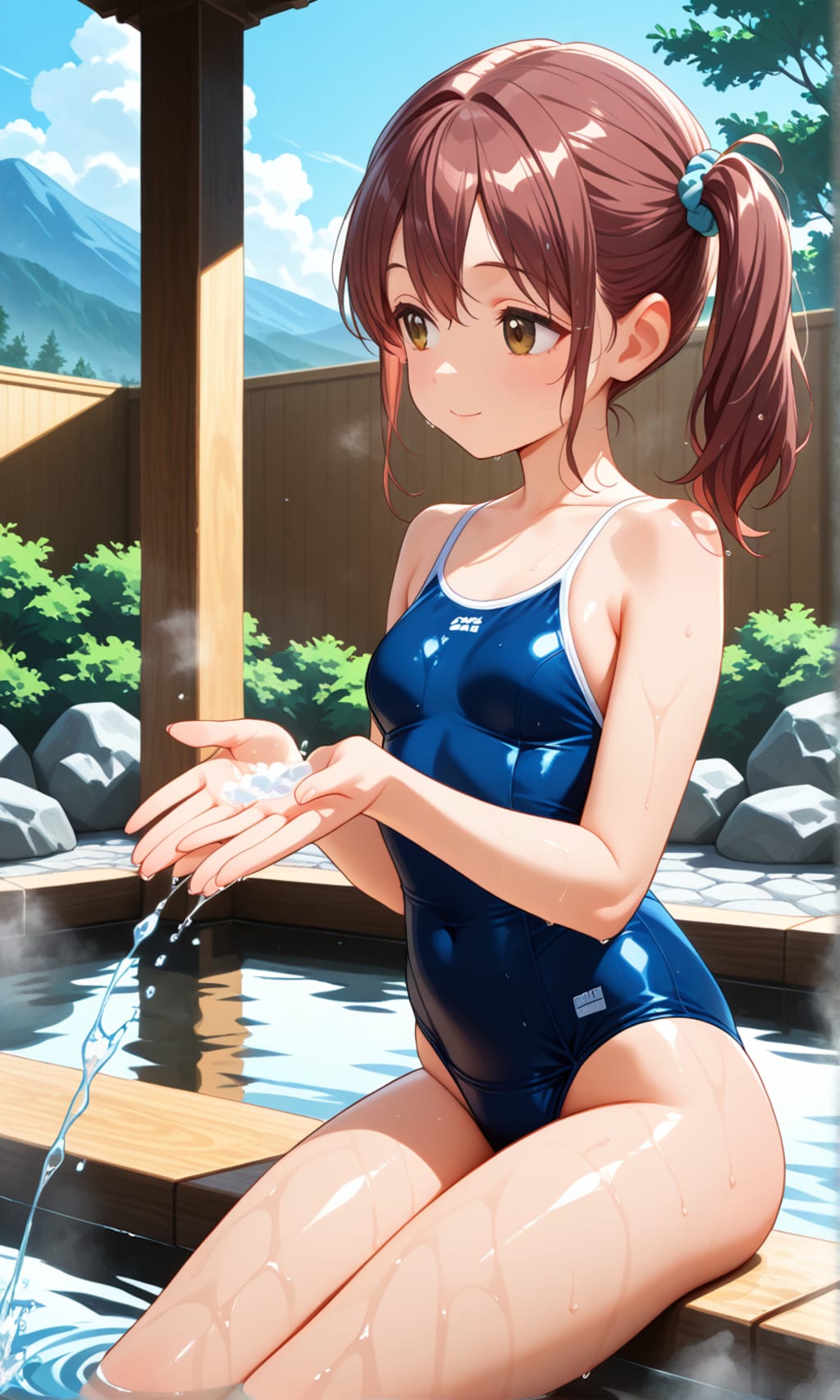 露天風呂に入るスク水サイドポニー女子