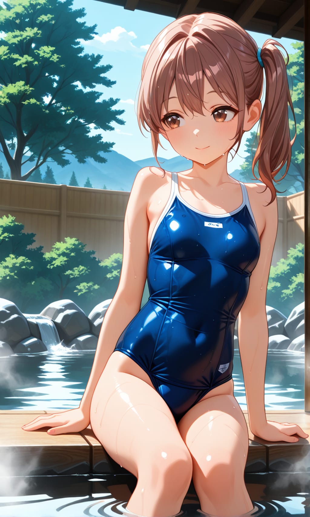 露天風呂に入るスク水サイドポニー女子