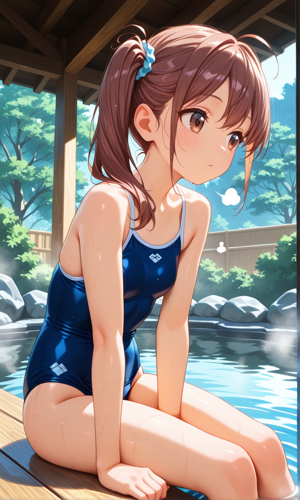 露天風呂に入るスク水サイドポニー女子