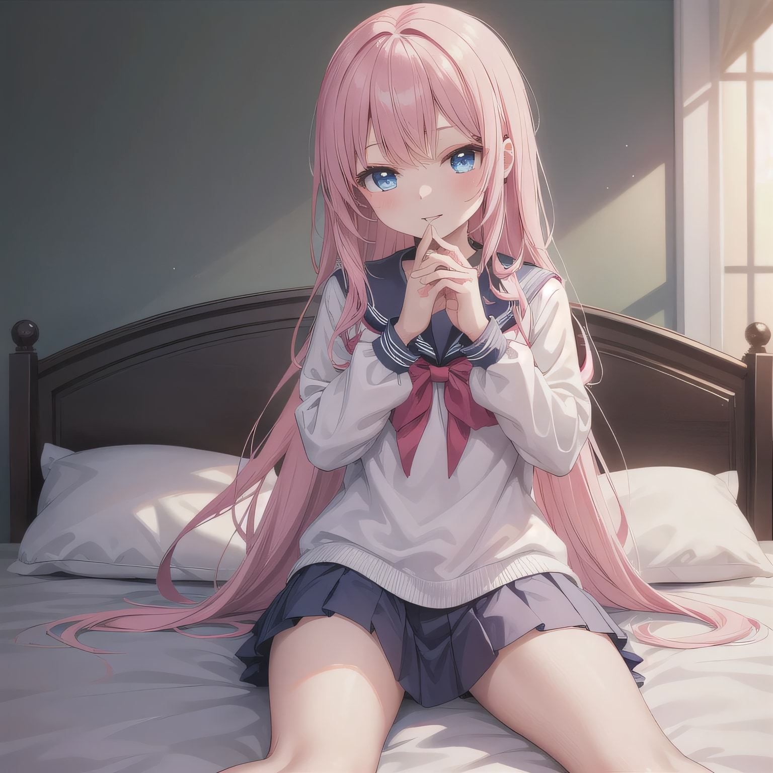 ピンク髪ロングで寝室の少女 | の人気AIイラスト・グラビア