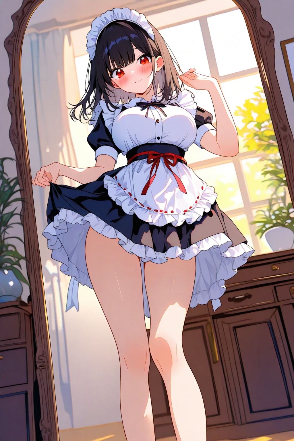 鏡の前で踊る黒髪メイド