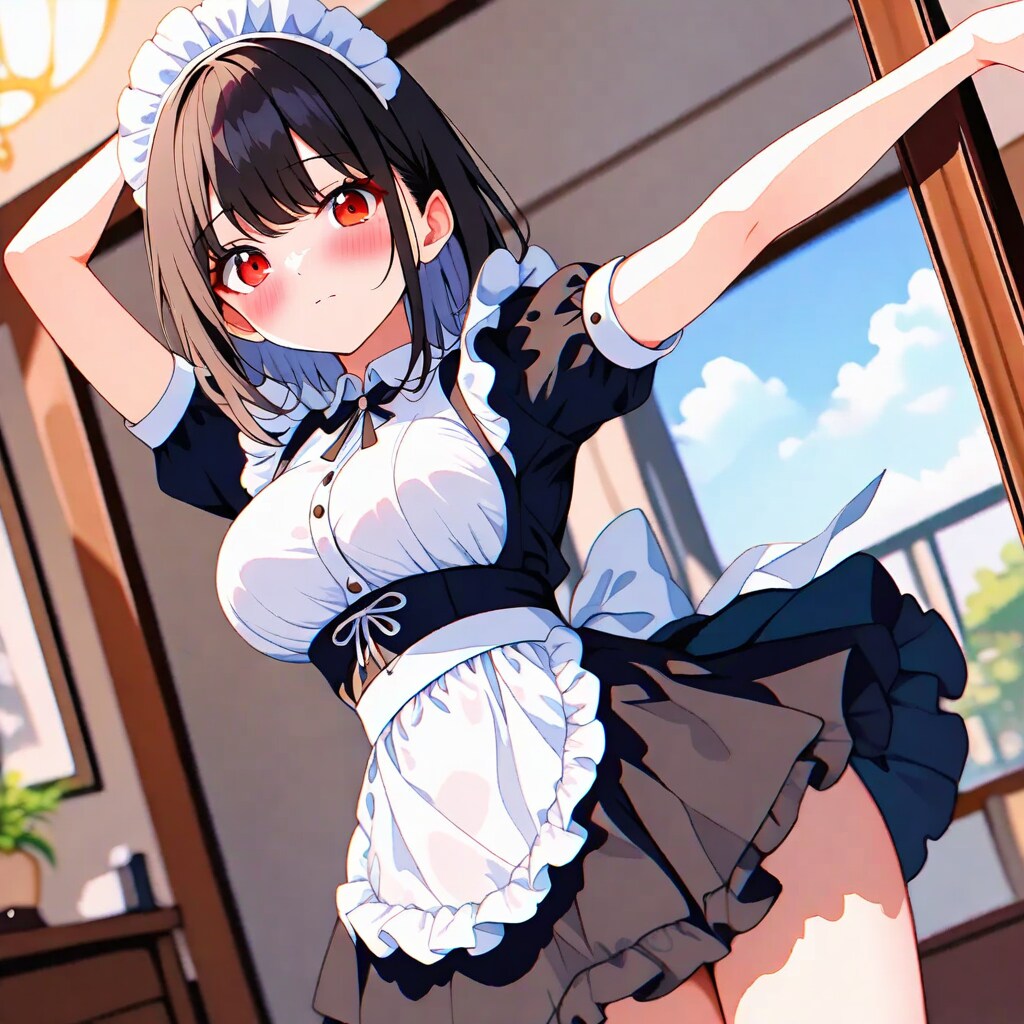 鏡の前で踊る黒髪メイド | の人気AIイラスト・グラビア