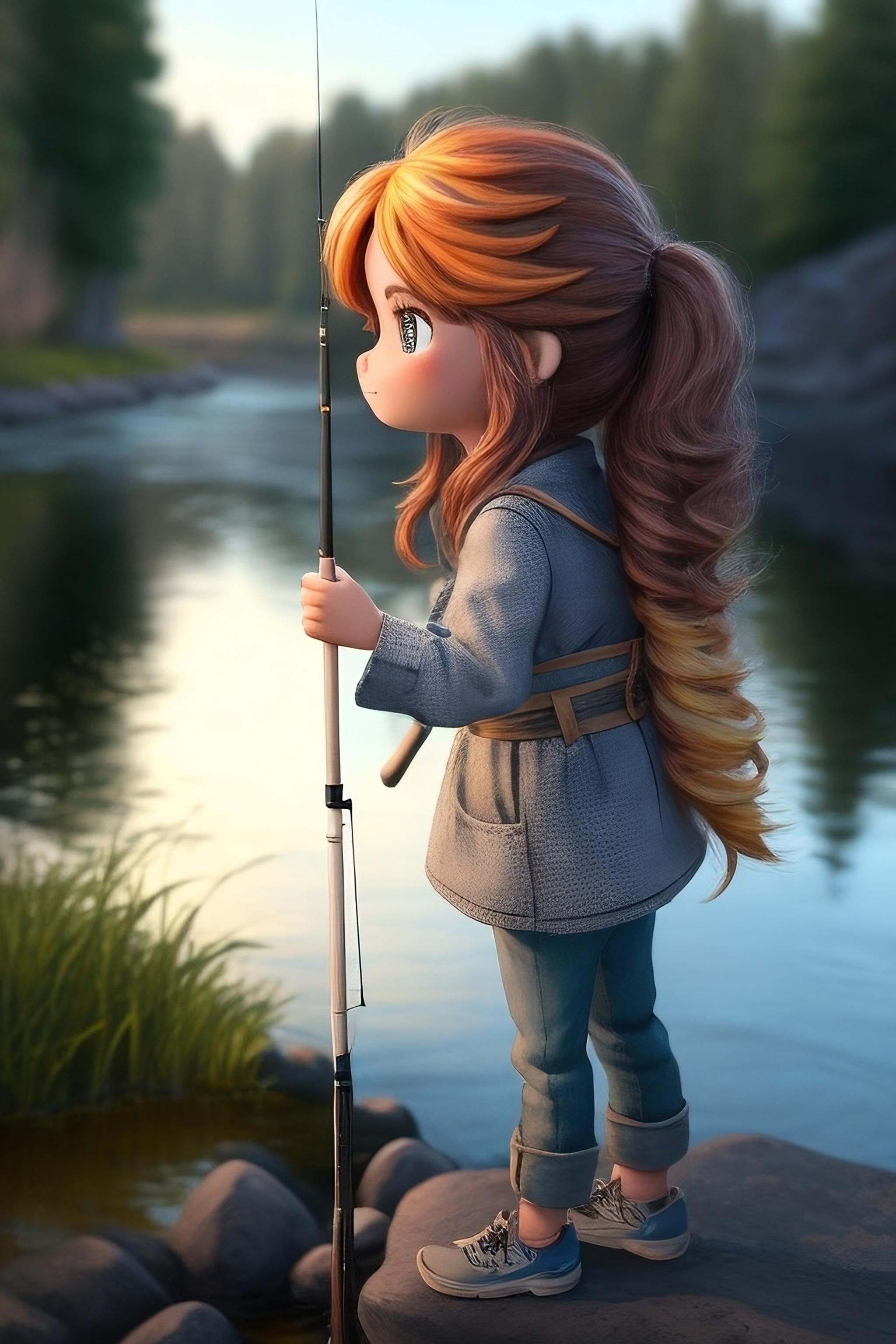 AI girl fishing rod river nature