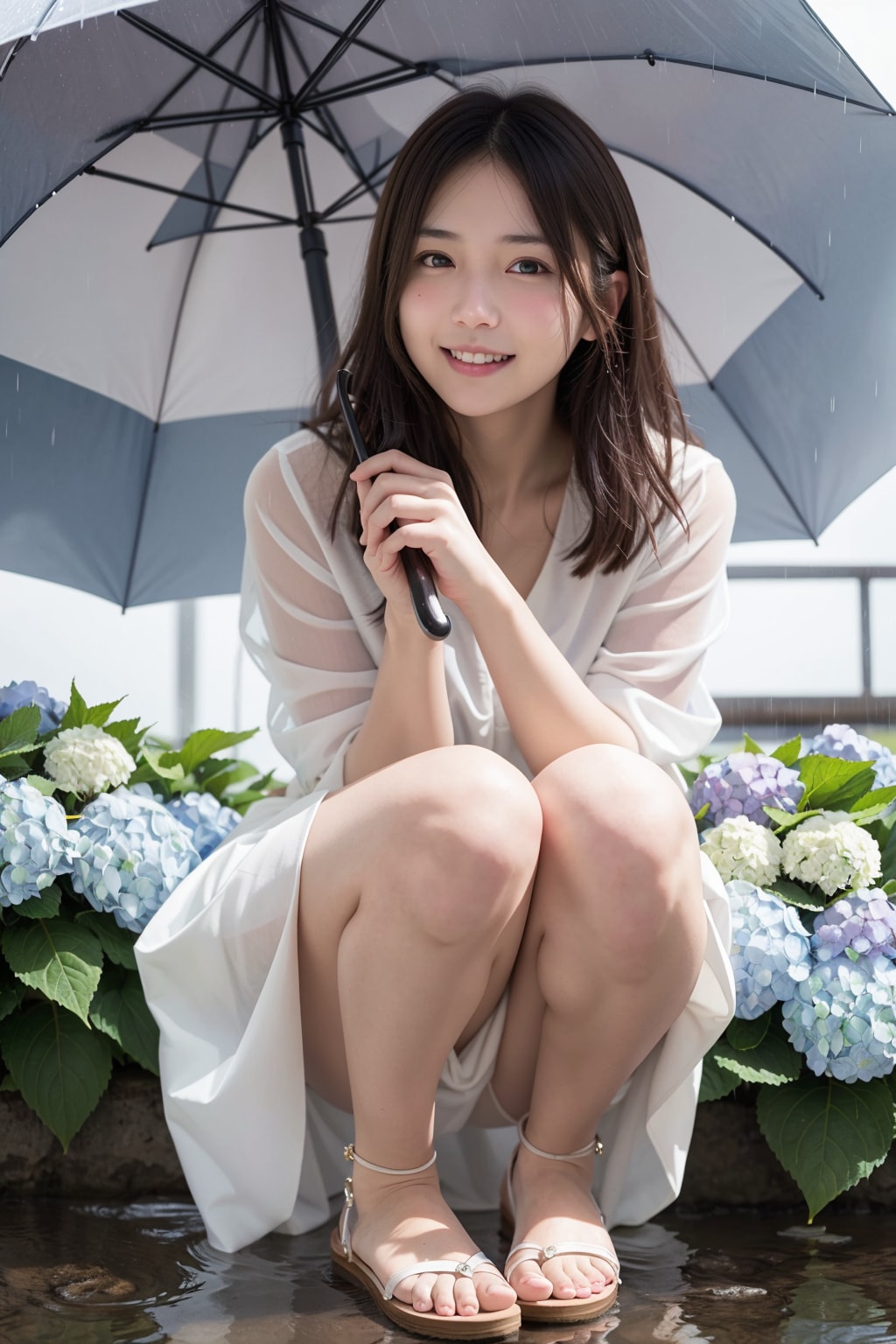 アジサイと雨が似合う女性