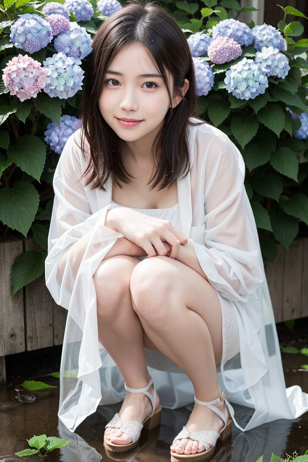 アジサイと雨が似合う女性