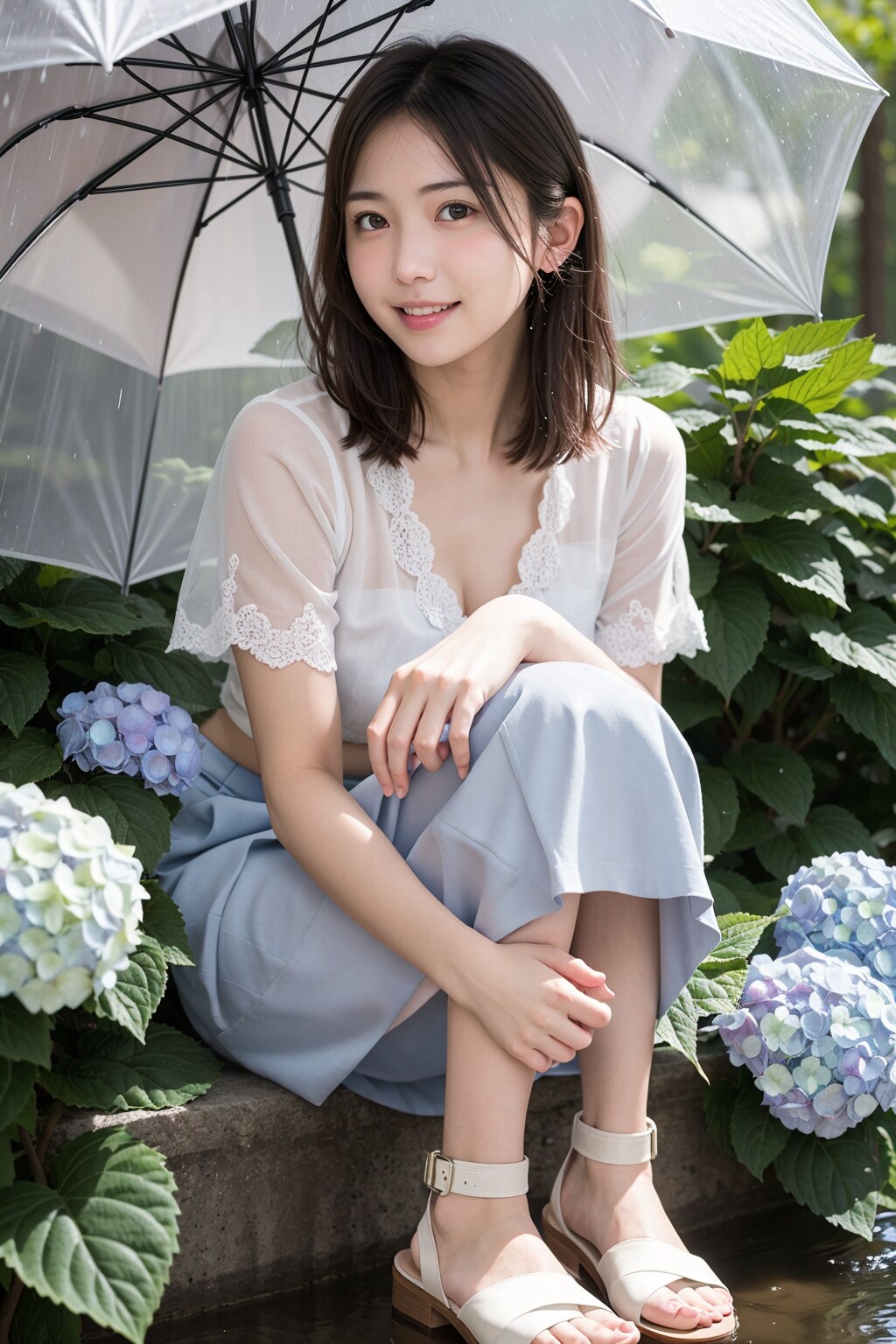 アジサイと雨が似合う女性