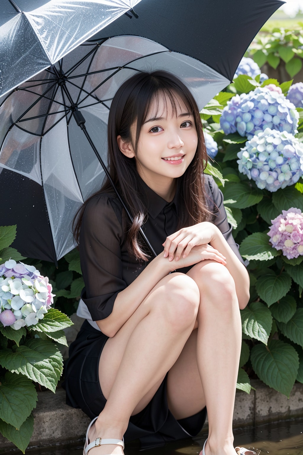 アジサイと雨が似合う女性