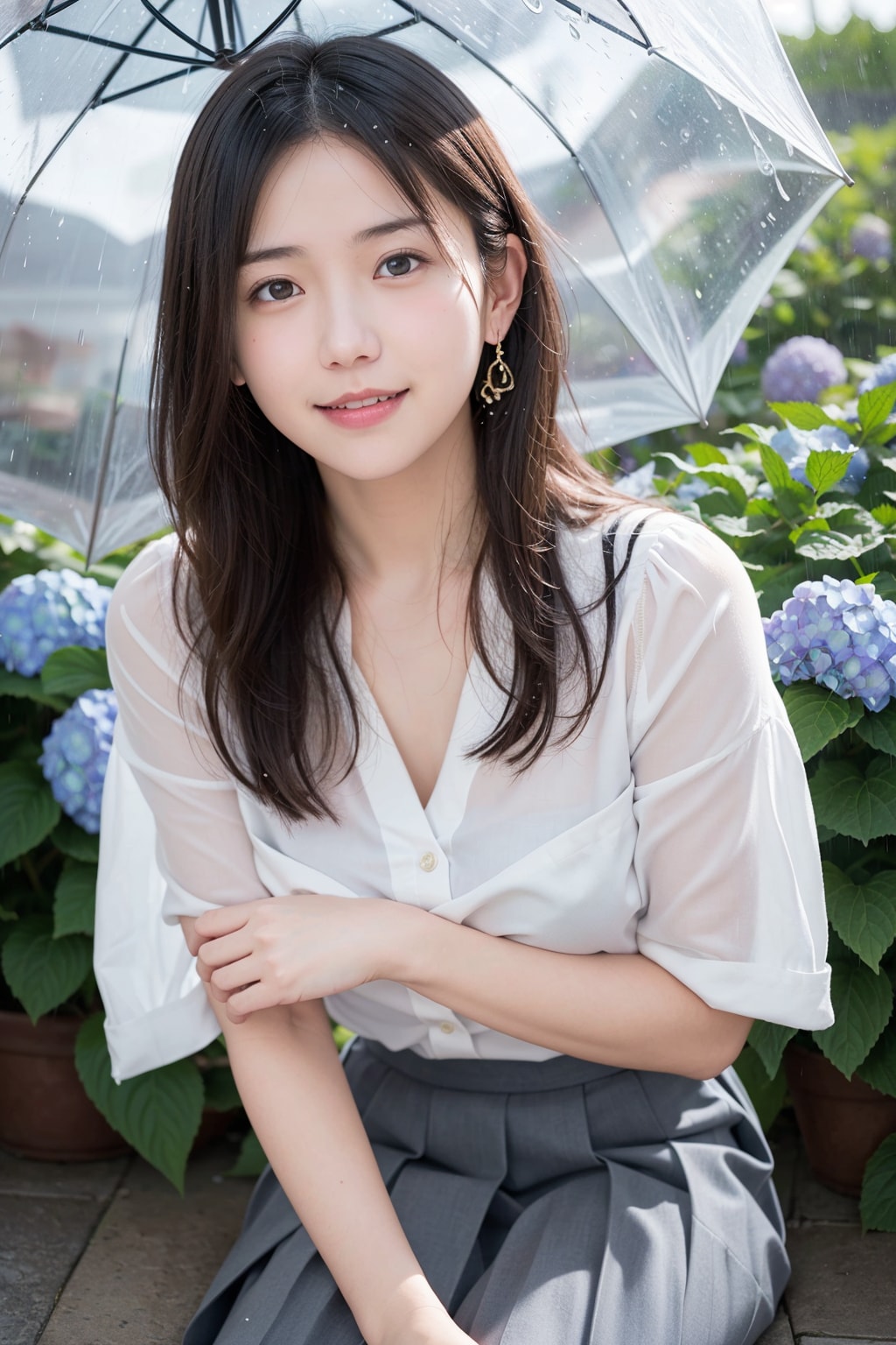 アジサイと雨が似合う女性