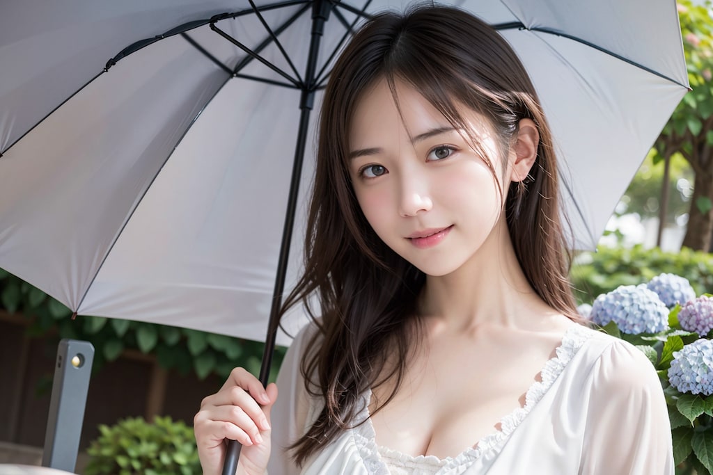 アジサイと雨が似合う女性