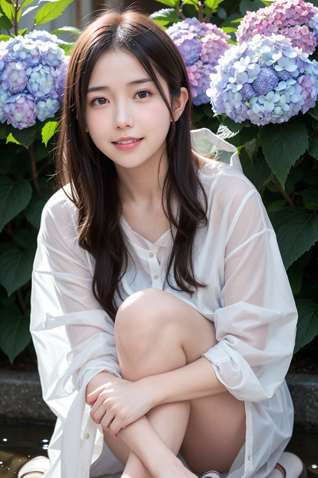 アジサイと雨が似合う女性