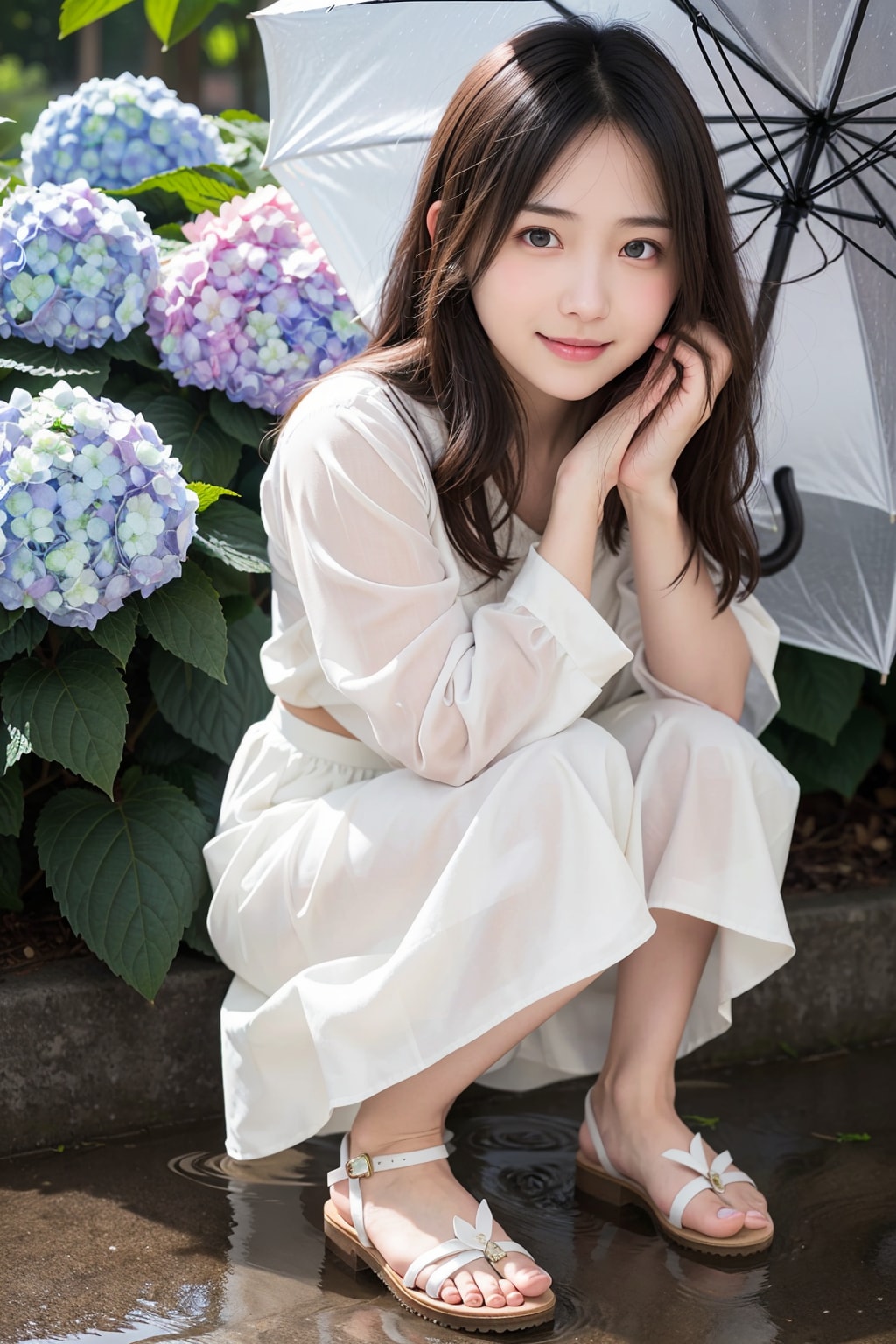 アジサイと雨が似合う女性