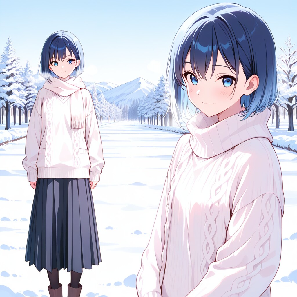 雪原に溶けるニットスタイル