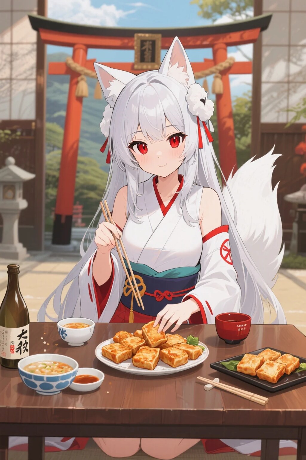 さくらちゃんと厚揚げを食べながらお酒を飲むキツネの御神体様