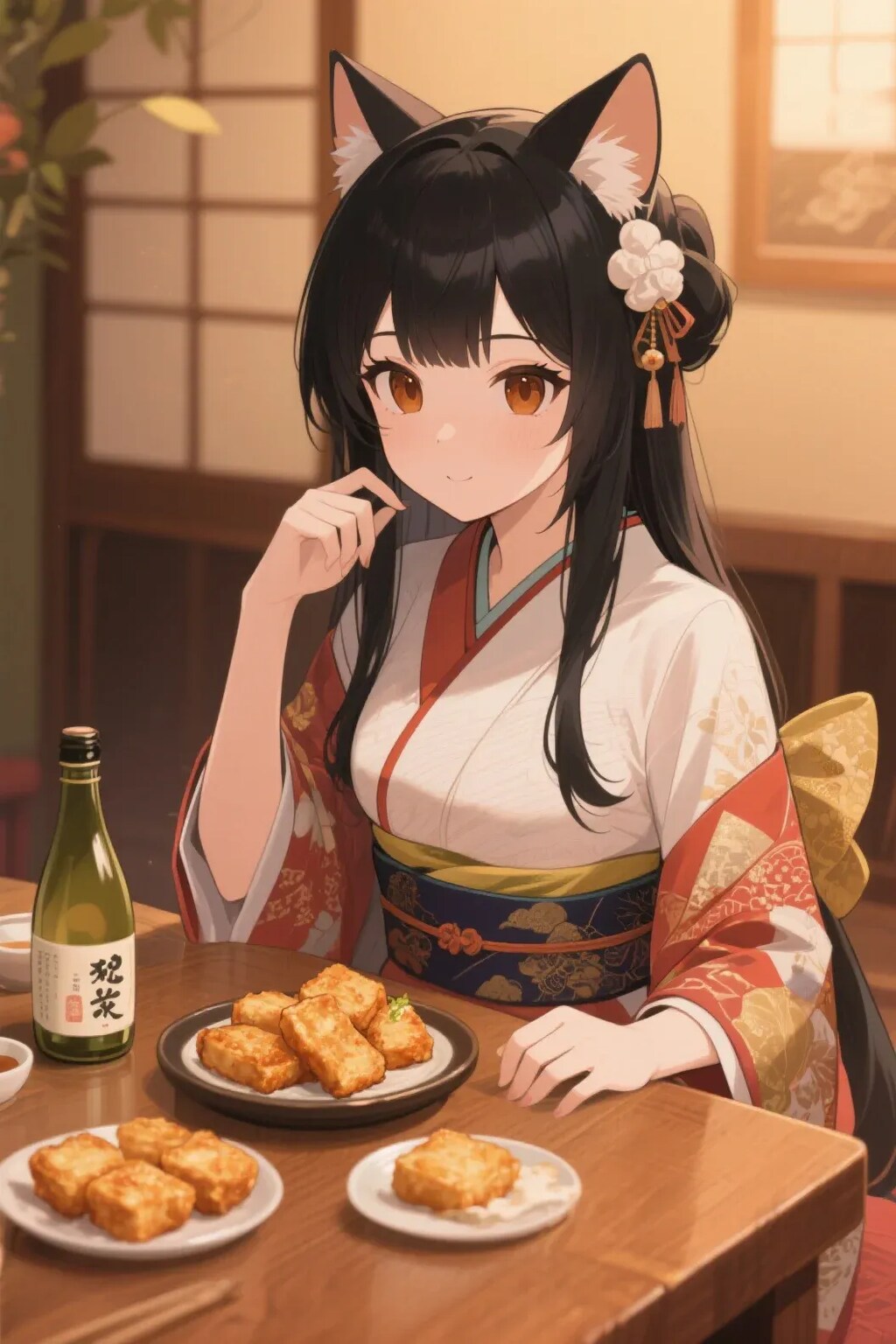 さくらちゃんと厚揚げを食べながらお酒を飲むキツネの御神体様