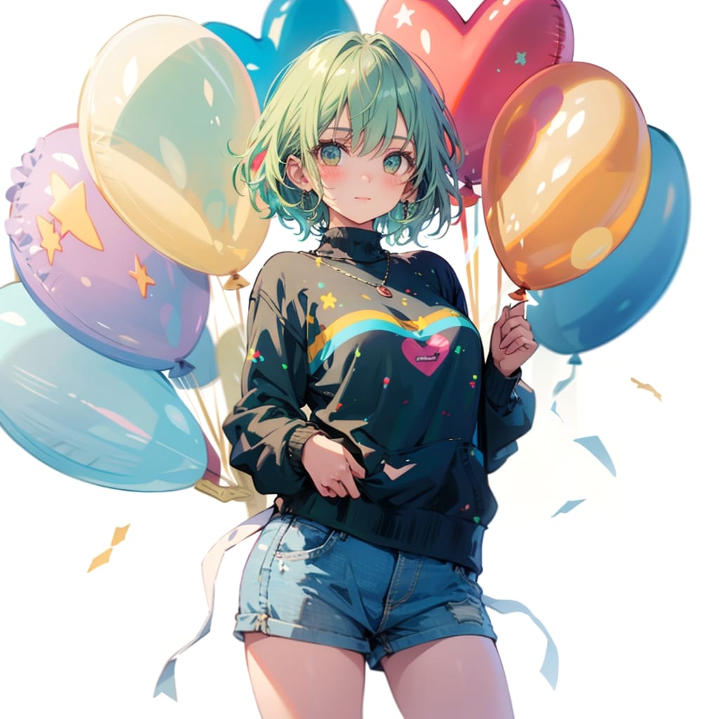 色とりどりの風船を持つ緑髪ショートカットの毛糸のセーター着た美女 | の人気AIイラスト・グラビア