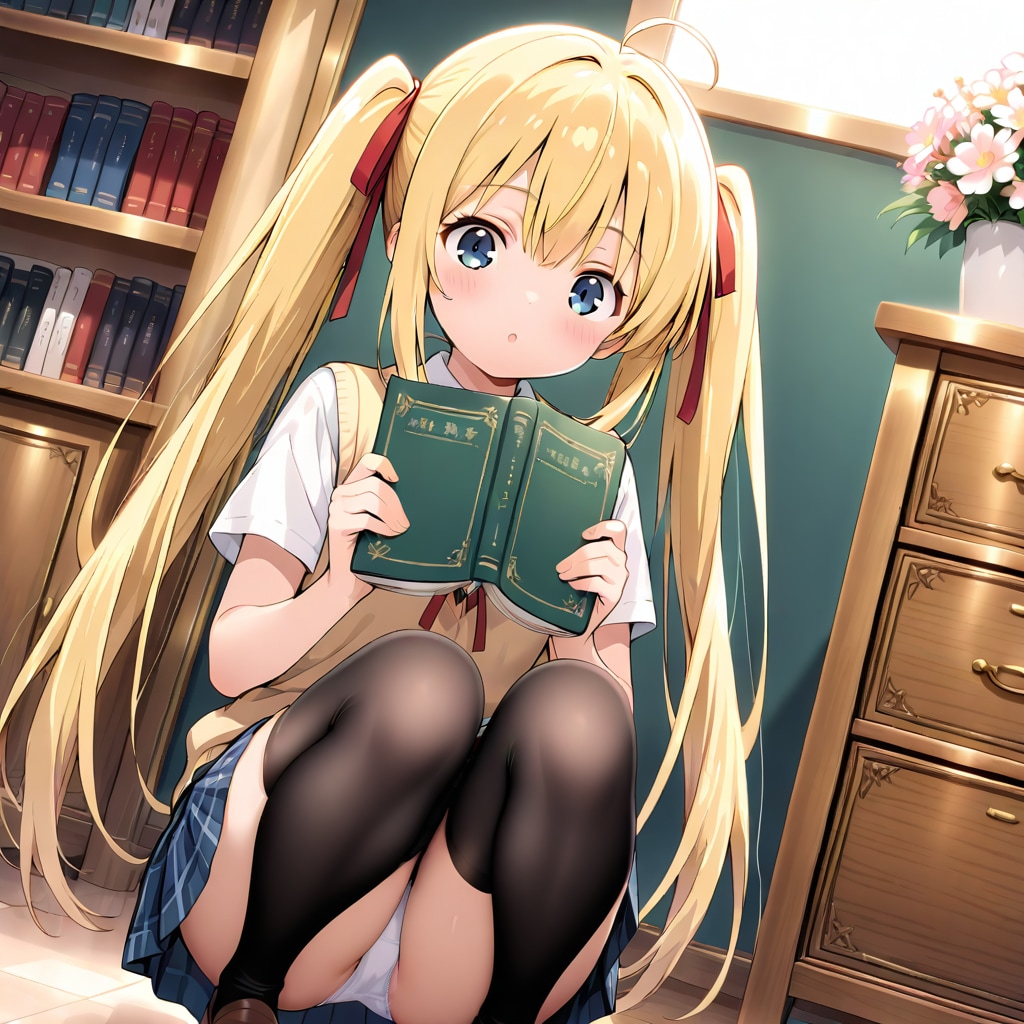 本読みながら黒ニーハイ脚広げ金髪ツインテール