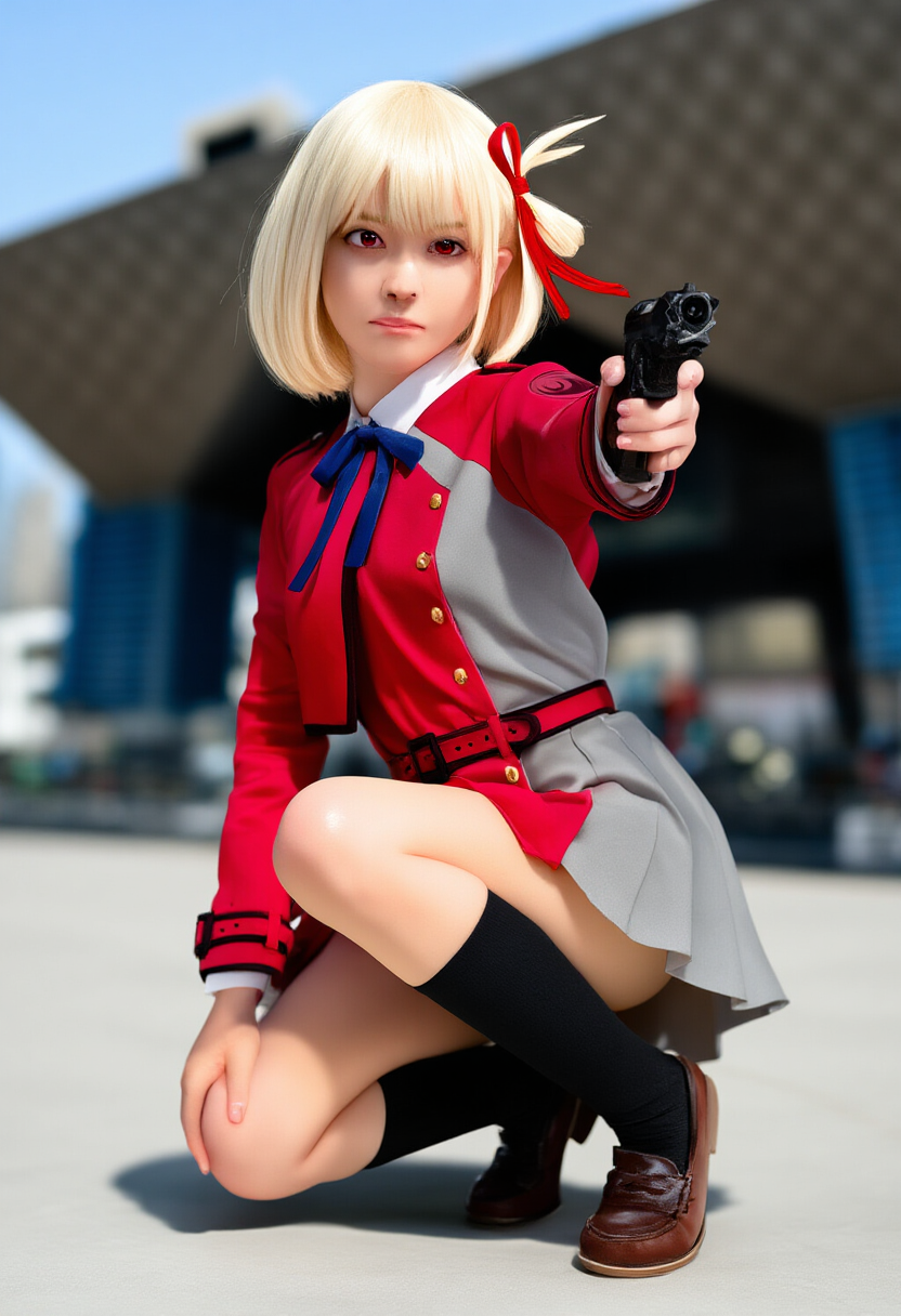 コスプレ写真風_コミケで出会った錦木千束（リコリス・リコイル）のレイヤー
