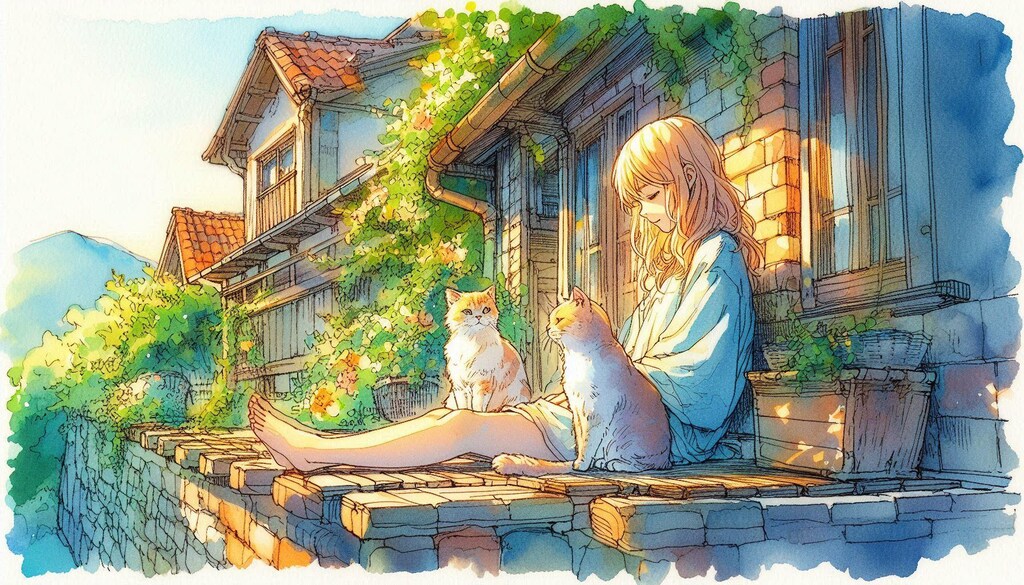 ヨーロッパの町並みと、ニャンコと私-DALLE編 (ニャンコと私②)