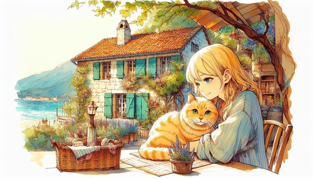 ヨーロッパの町並みと、ニャンコと私-DALLE編 (ニャンコと私②)
