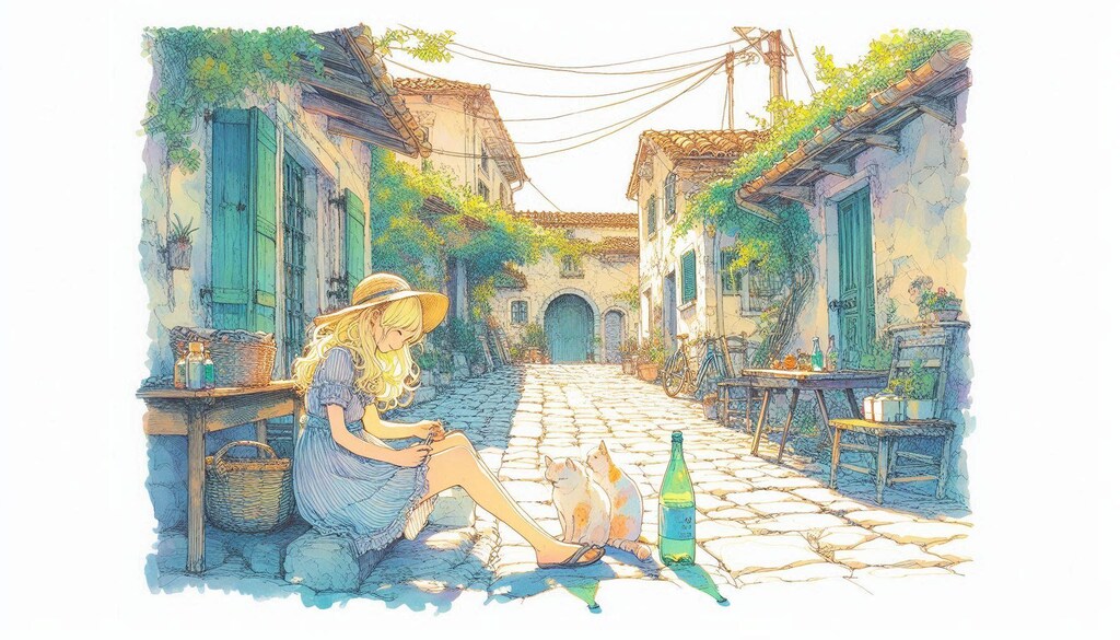 ヨーロッパの町並みと、ニャンコと私-DALLE編 (ニャンコと私②)