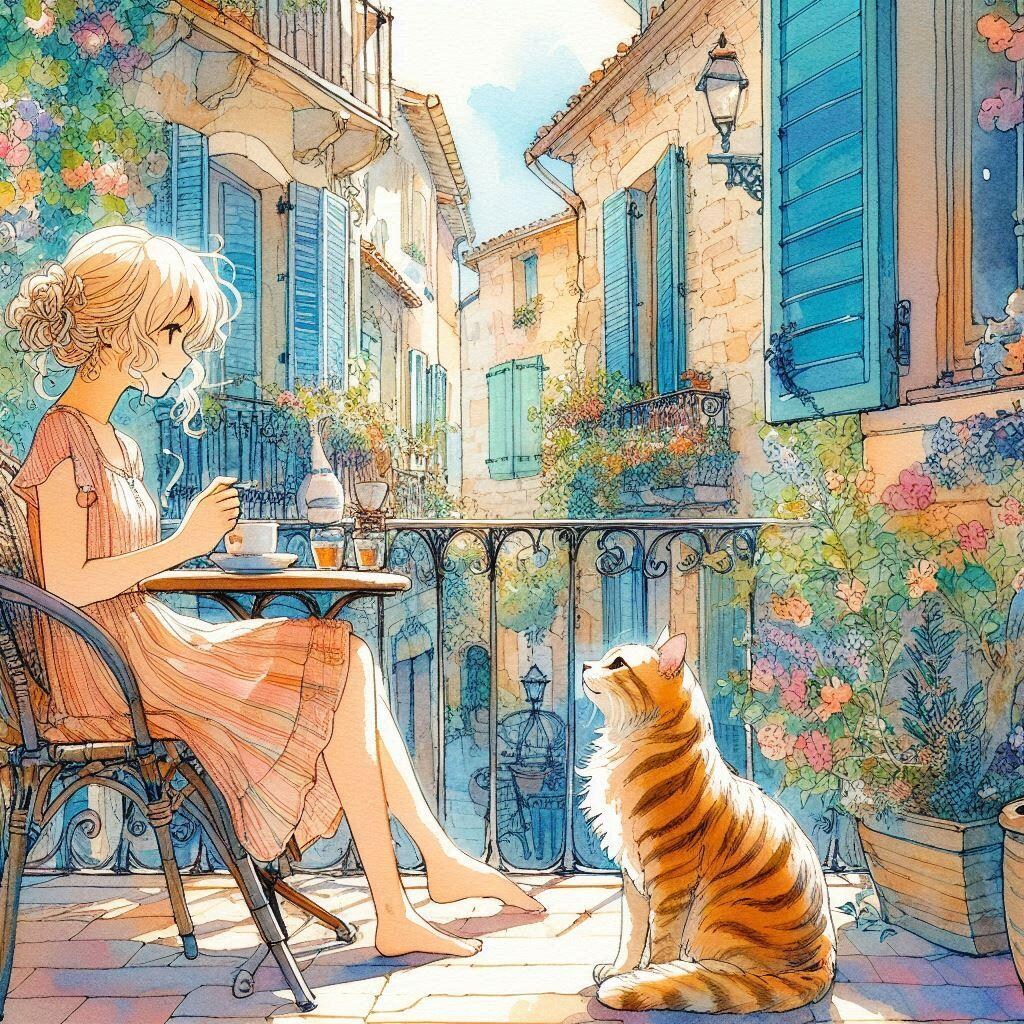 ヨーロッパの町並みと、ニャンコと私-DALLE編 (ニャンコと私②)
