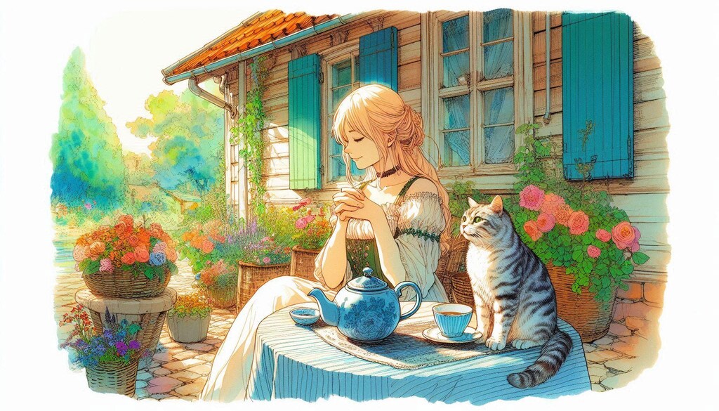 ヨーロッパの町並みと、ニャンコと私-DALLE編 (ニャンコと私②)