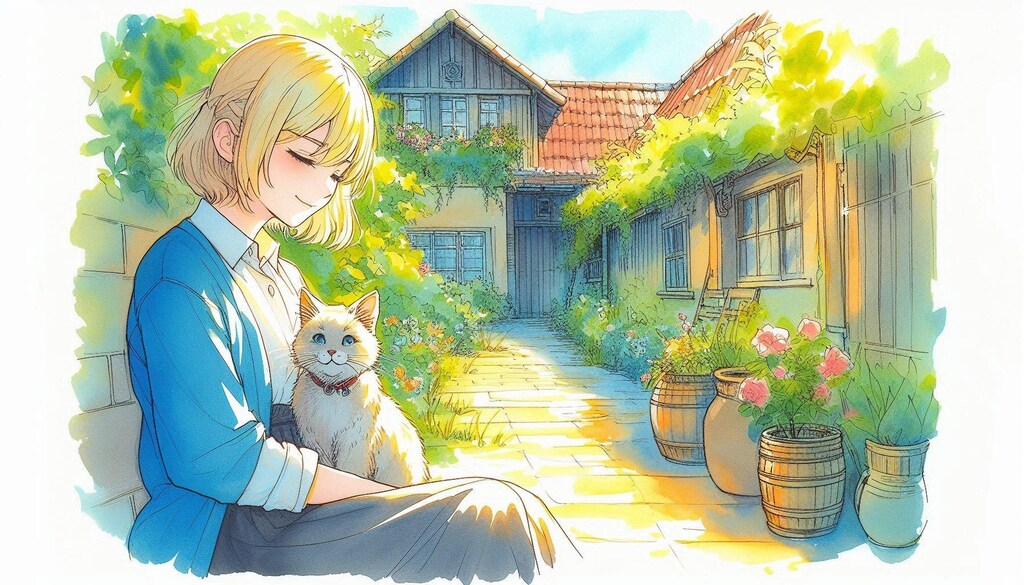 ヨーロッパの町並みと、ニャンコと私-DALLE編 (ニャンコと私②)