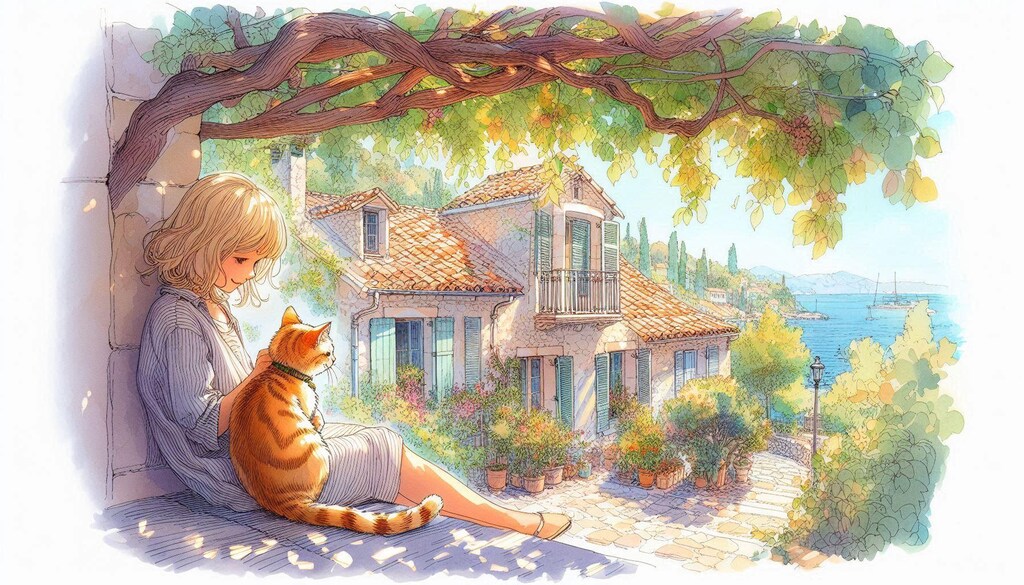 ヨーロッパの町並みと、ニャンコと私-DALLE編 (ニャンコと私②)