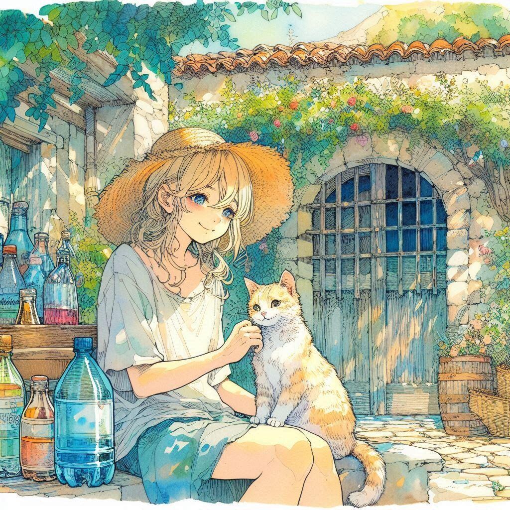 ヨーロッパの町並みと、ニャンコと私-DALLE編 (ニャンコと私②)