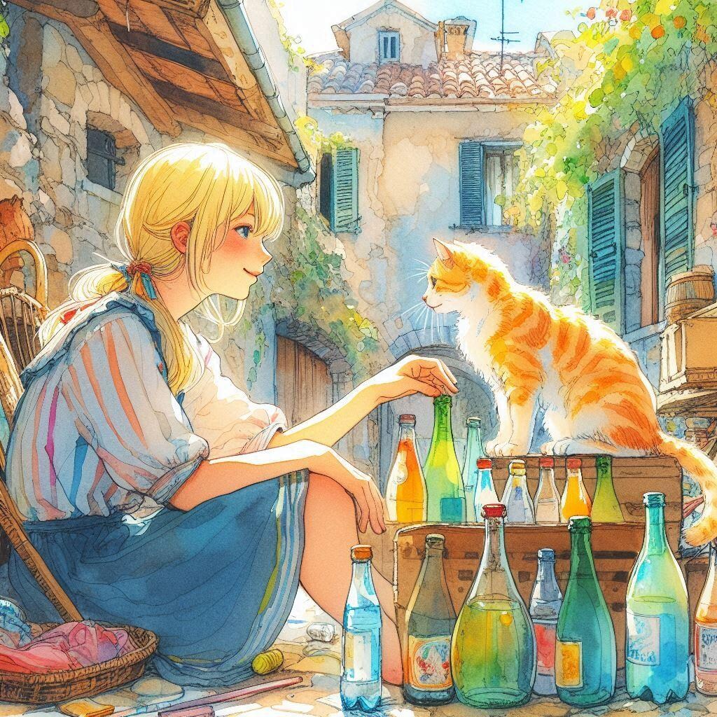 ヨーロッパの町並みと、ニャンコと私-DALLE編 (ニャンコと私②)