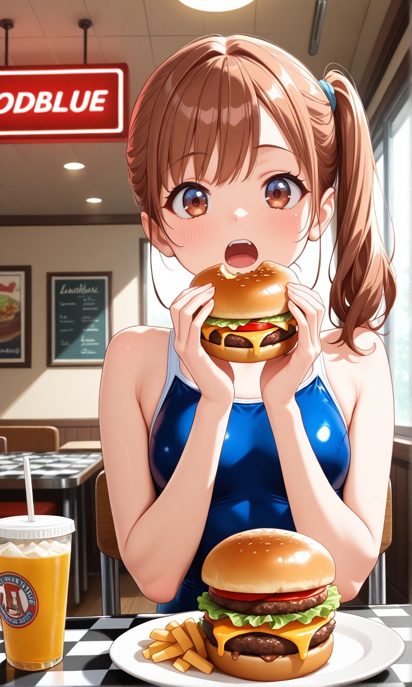 ハンバーガーを食べるスク水サイドポニー女子