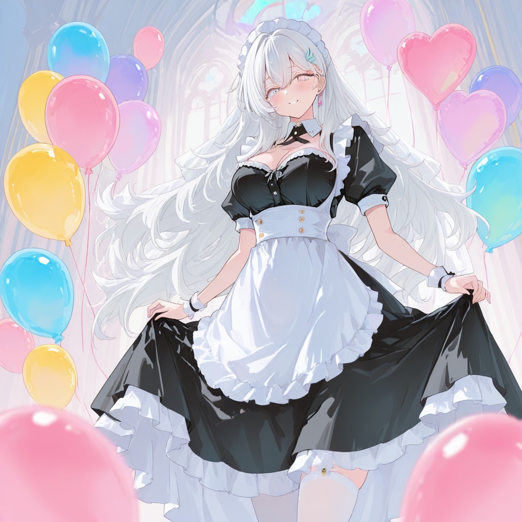 いっぱい色とりどりの風船を持つ白い髪ロングのメイド服着た美女