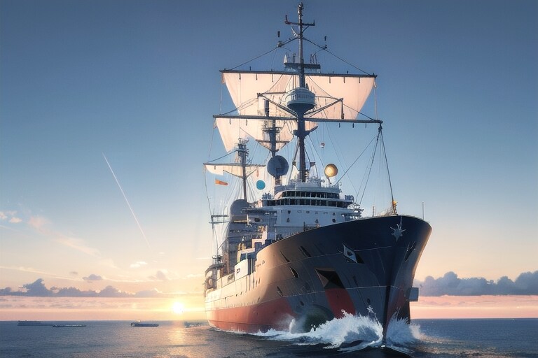 軍艦と夕日