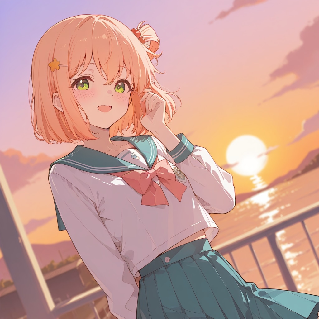 中学生の杏と夕暮れ