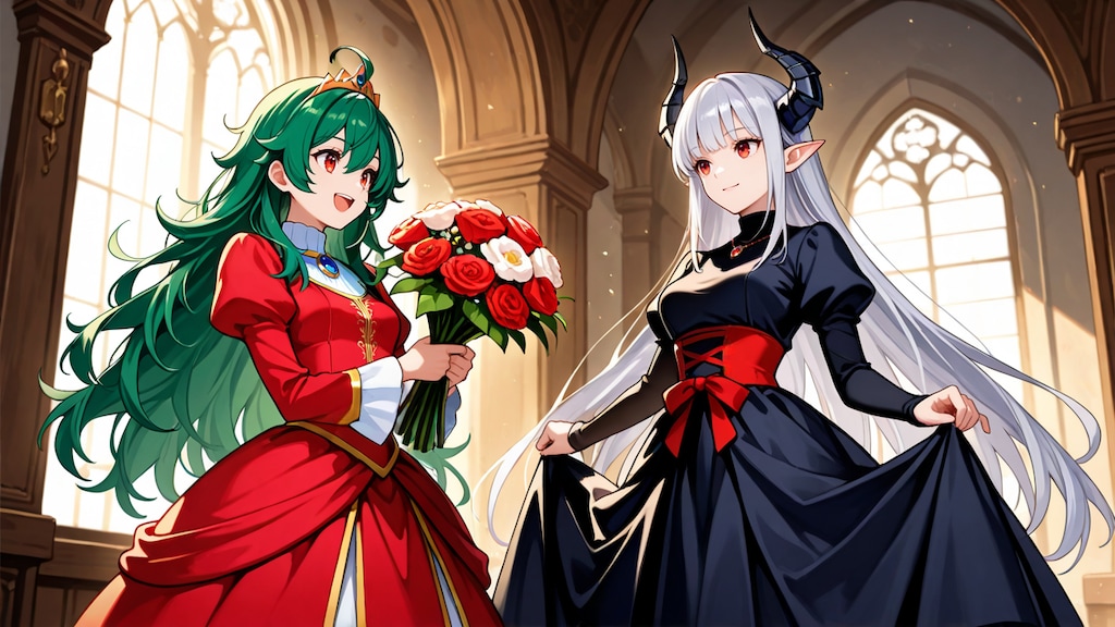 ジュネットさんを御招きして花束贈呈とおもてなしする銀髪竜姫さん