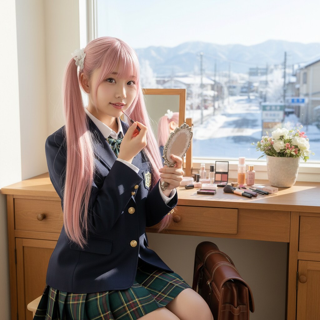 ももツイさん。通学前の化粧。冬